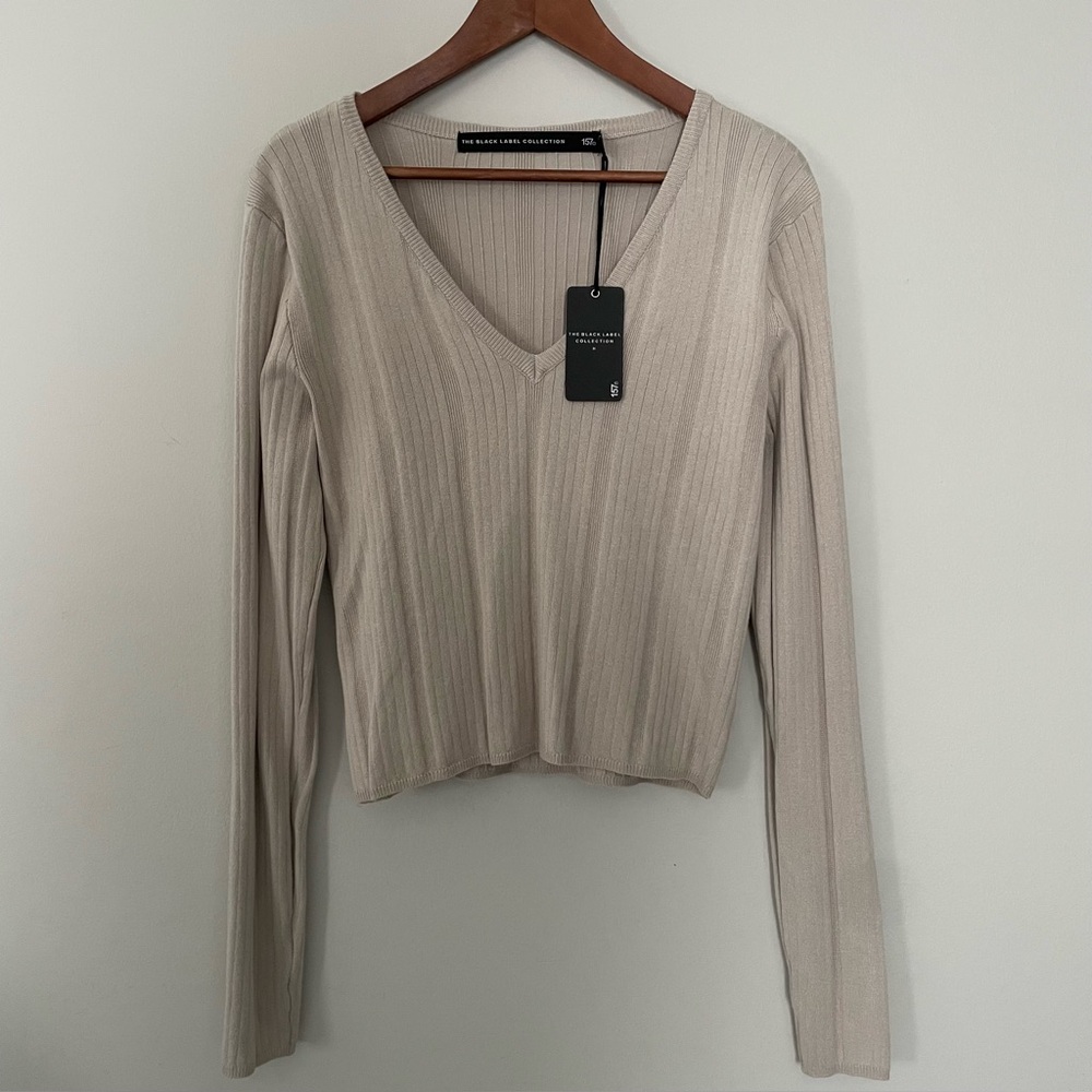 V-Neck Ribbed Long Sleeve Sweater Neutral Classic Casual Office Women’s Large